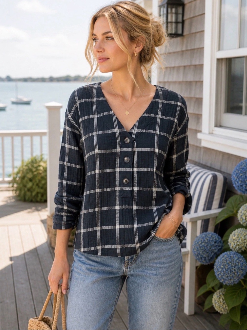Madewell Lightspun Evert Women's Top Black Size L Windowpane Plaid Button Front